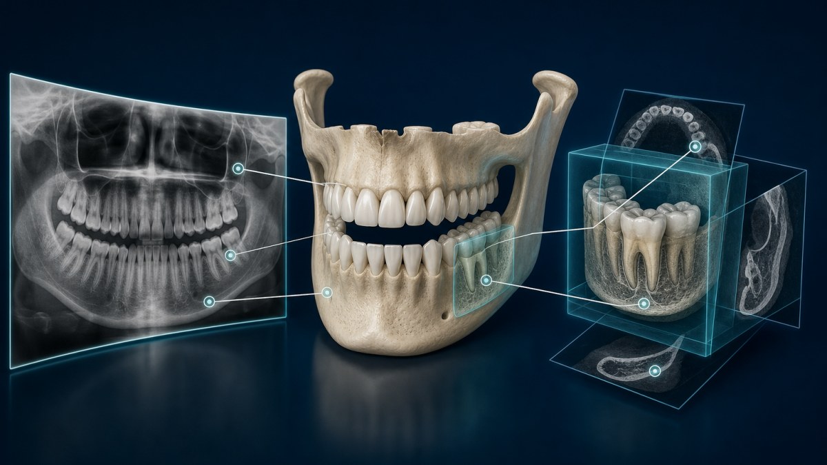 파노라마 엑스레이와 치과 CBCT 입체 영상을 단서판처럼 비교하는 의료 일러스트