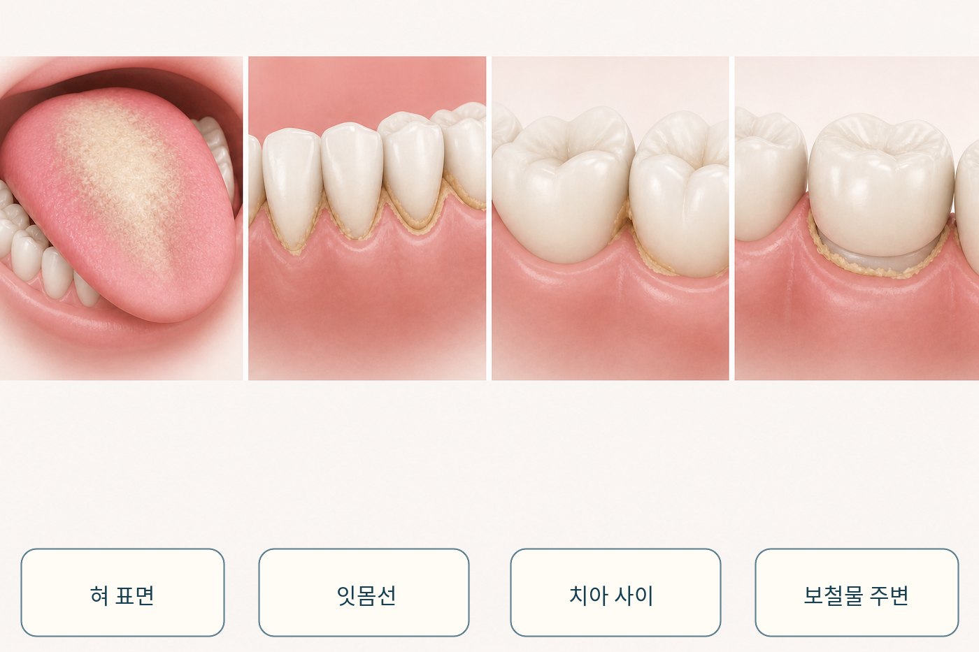 혀와 잇몸, 치아 사이, 보철물 주변을 네 구역으로 나눈 입냄새 원인 지도