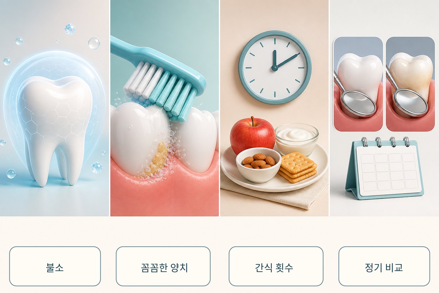 불소, 꼼꼼한 양치, 간식 횟수, 정기 비교를 네 장면으로 나눈 초기 충치 관리 그림