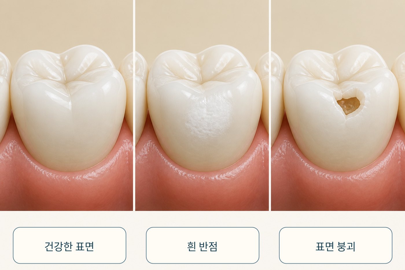 건강한 법랑질과 흰 반점 초기 병소, 표면이 무너진 충치를 세 단계로 나눈 그림