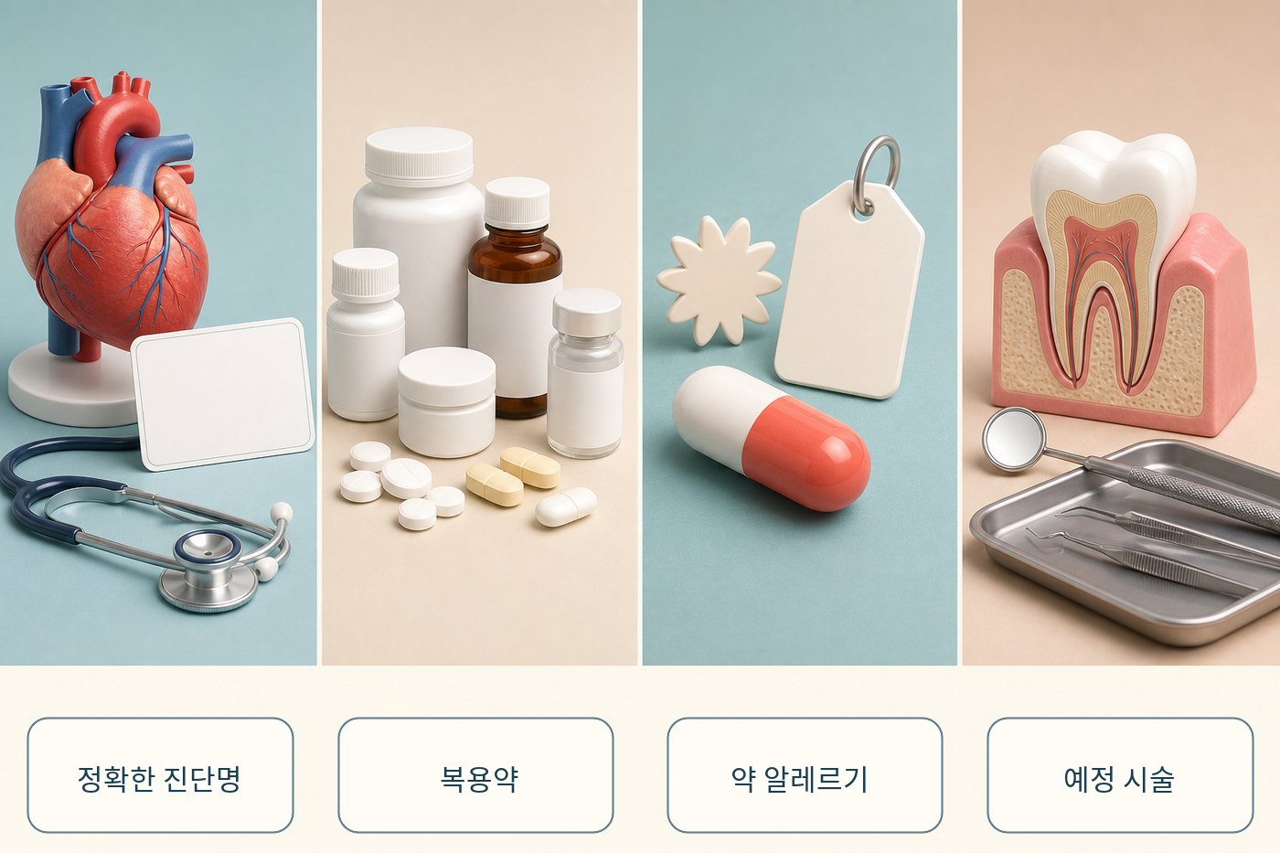심장·관절 진단 자료와 복용약, 알레르기, 예정 치과 시술을 체크하는 그림