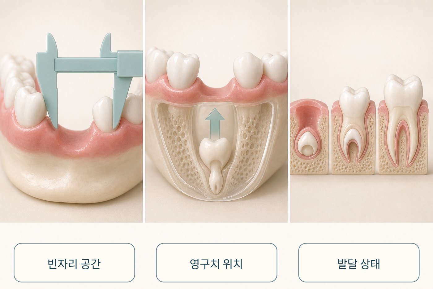 빠진 유치 자리의 공간과 후속 영구치 위치를 함께 보는 그림