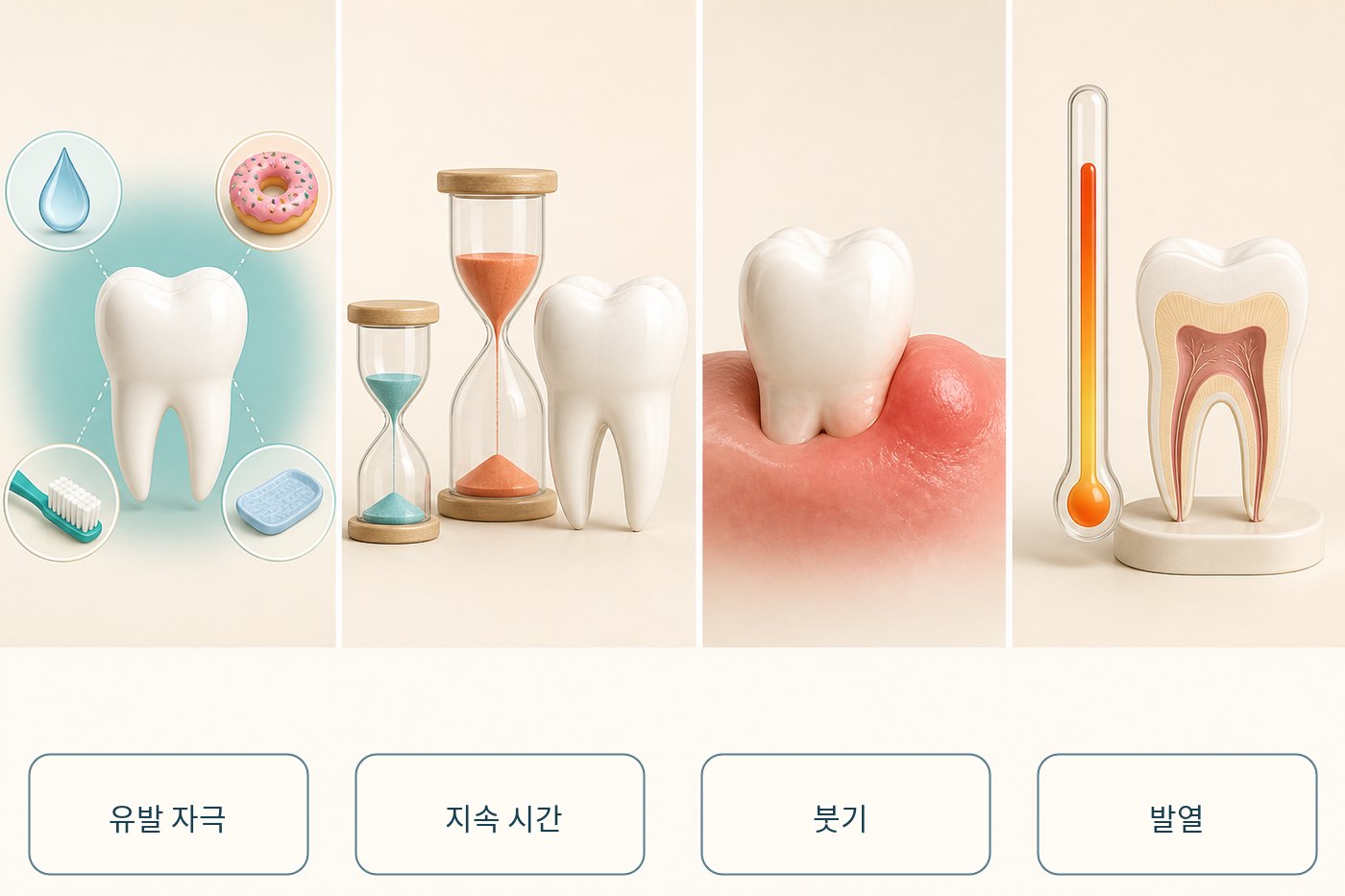 통증 유발 자극과 지속시간 기록, 붓기와 발열의 긴급 신호를 나타낸 그림