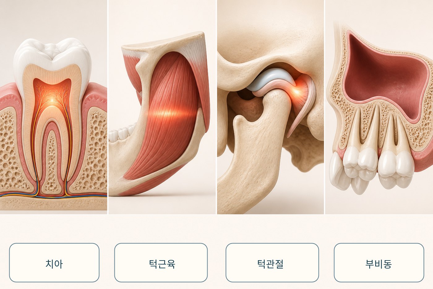치아와 턱근육, 턱관절, 부비동에서 통증이 치아 쪽으로 느껴질 수 있음을 나타낸 그림